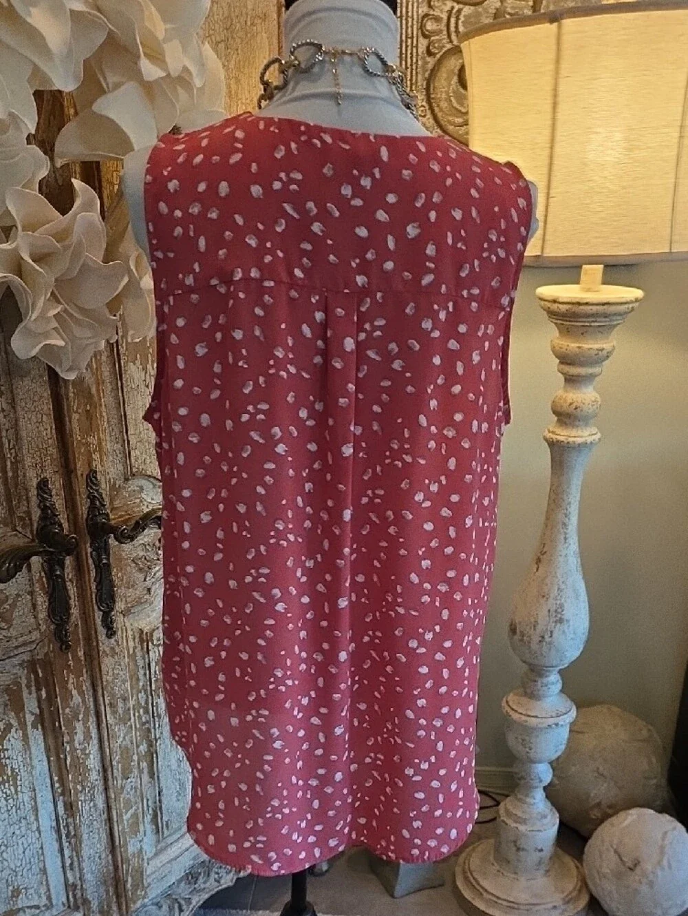 Maurices Coral Sleeveless V-Neck Button Front Tank with White Spot Print - Picture 5 of 6